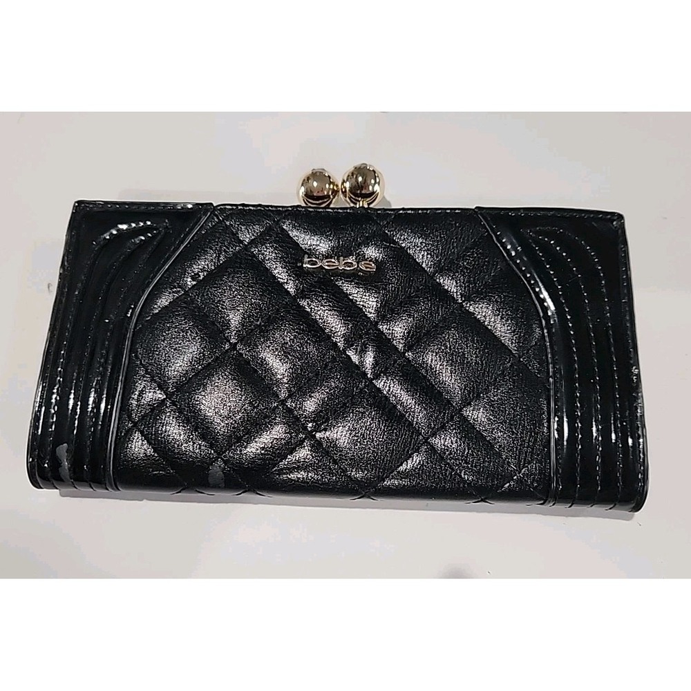 Bebe Clutch Patent Leather Wallet Black Bling Credit Card / Cash Slots Gold Tone